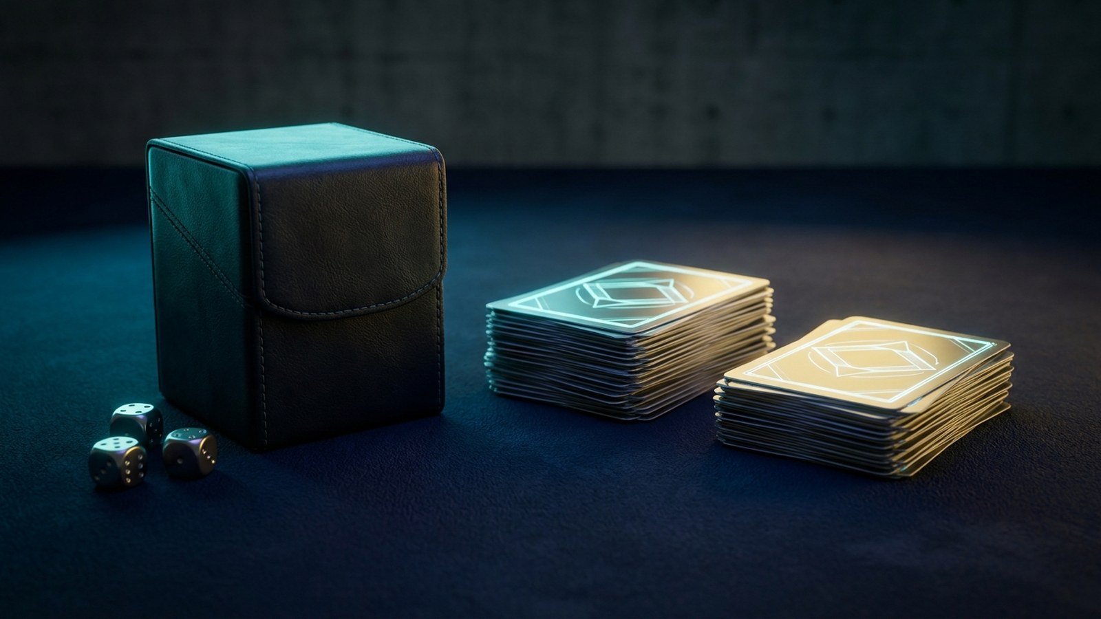 Zwei unterschiedlich hohe Kartenstapel und eine Deckbox mit Würfeln auf dunkler Fläche mit Neonlicht