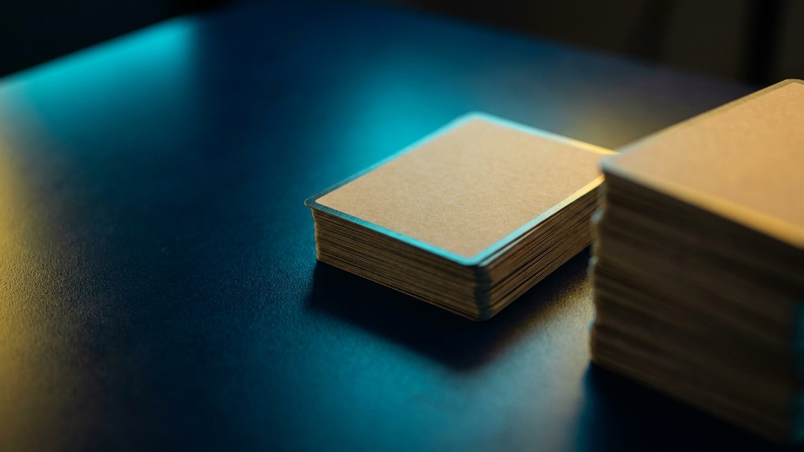 Zwei Stapel Sammelkarten auf dunklem Tisch, ein Stapel scharf im Fokus, der andere unscharf an den Rand geschoben