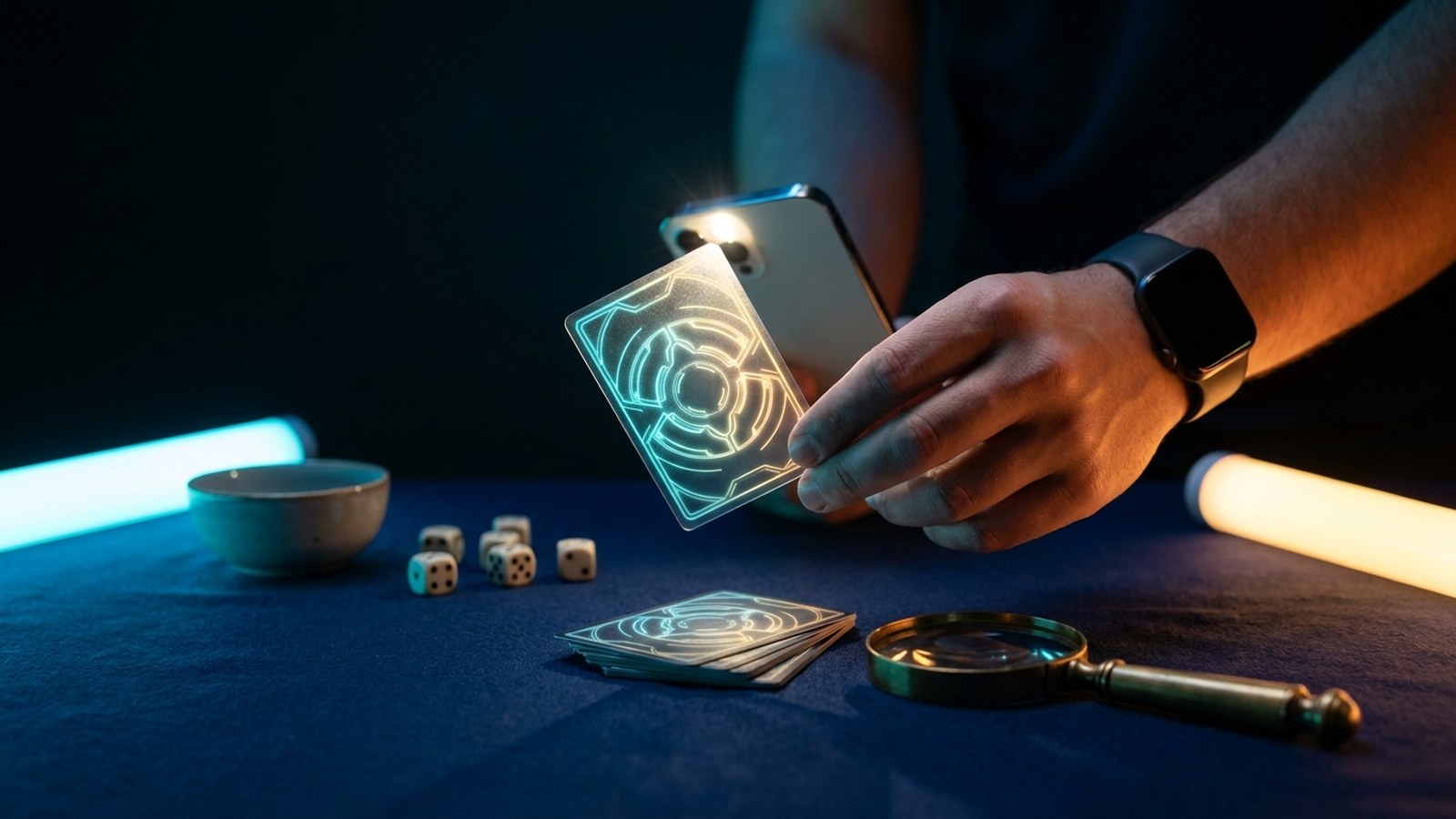 Eine Handy-Taschenlampe leuchtet von hinten durch eine Sammelkarte, daneben liegt eine Lupe auf dunklem Untergrund