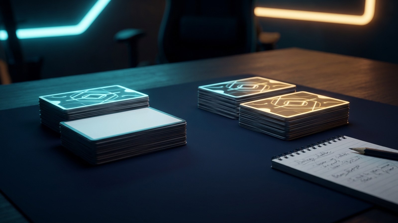 Zwei Kartenstapel und eine handgeschriebene Deck-Liste auf dunklem Tisch mit Neonlicht