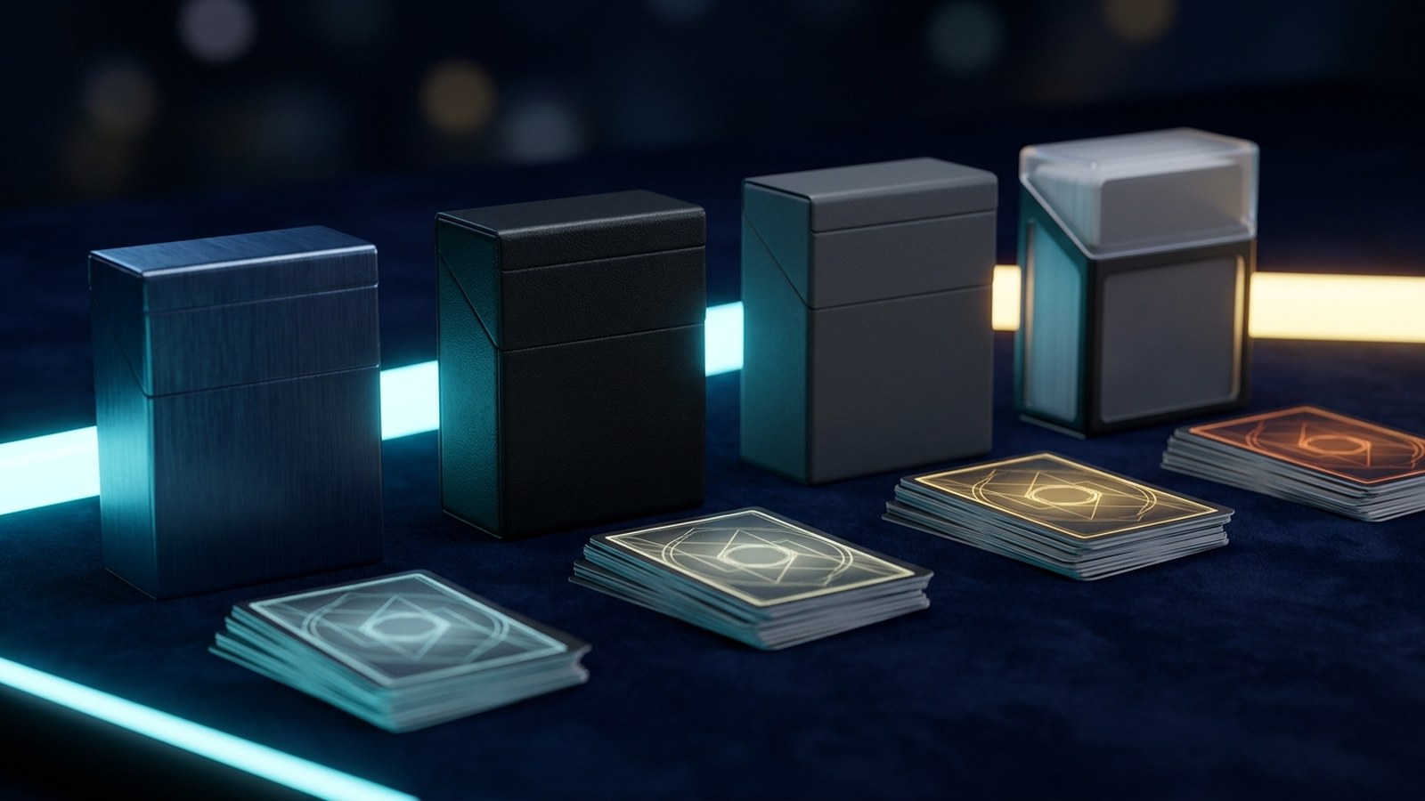 Vier unterschiedliche Kartenstapel und Deckboxen nebeneinander auf dunklem Tisch mit Neonlicht